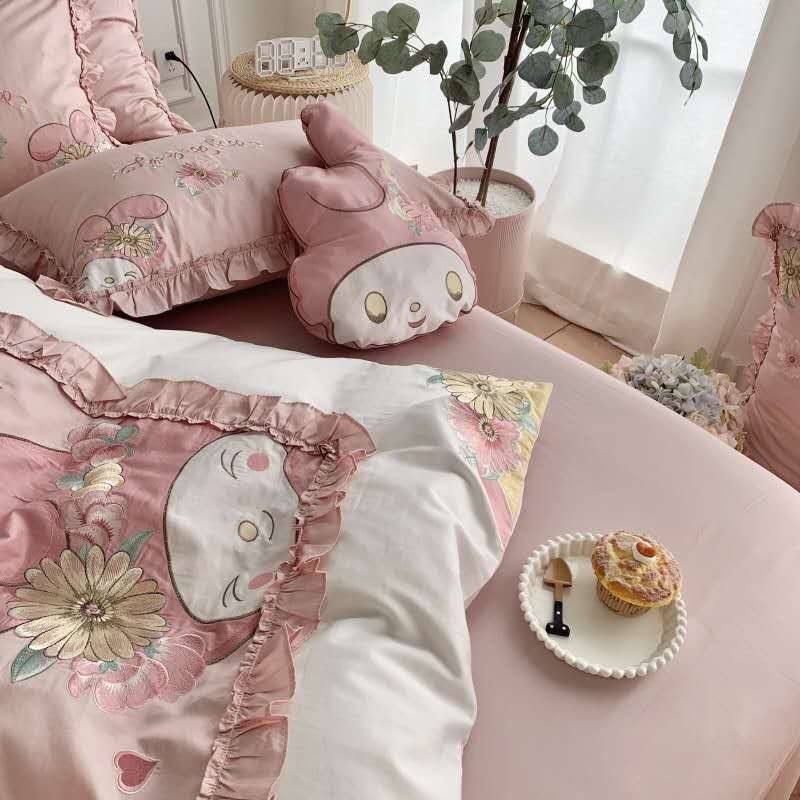 Set Chăn Ga Lụa Thỏ Hồng Thêu Hoa 7M