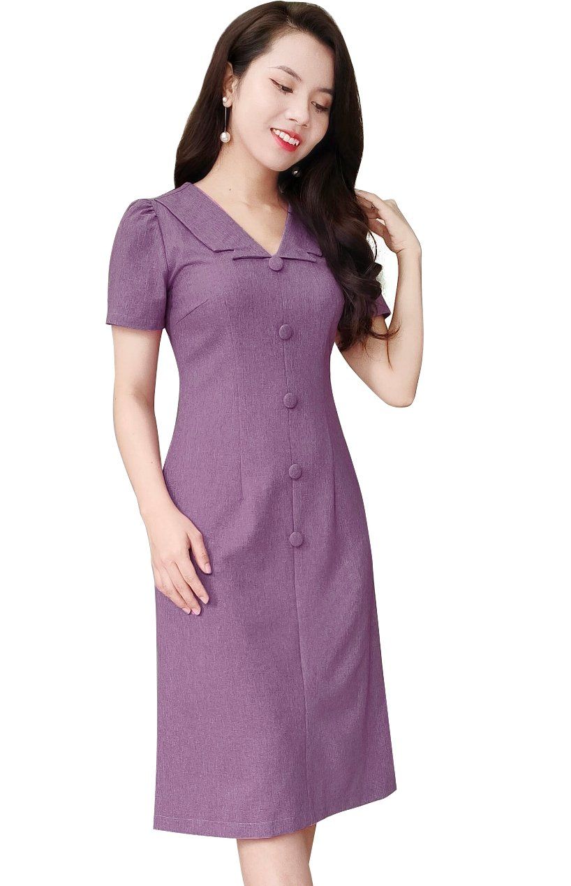 Đầm Suông A phối cúc tím lavender DL926