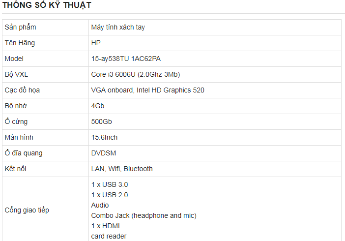 Thông số kỹ thuật máy hp