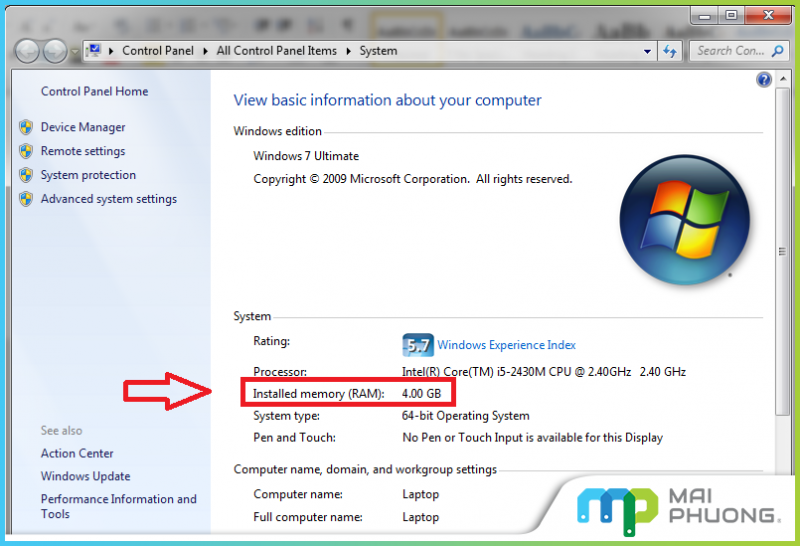 Kiểm tra dung lượng RAM laptop tại System