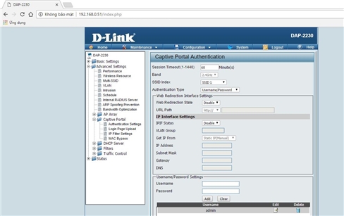 Chế độ đăng nhập bằng username/password của tính năng Captive Portal