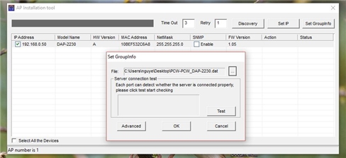 Đánh dấu chọn vào kết quả tìm kiếm, nhấn Set Groupinfo và trỏ tới tập tin .dap vừa tải trước đó. Nhấn Test để kiểm tra kết nối và nhấn Ok.