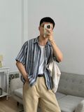 NOOBITA - Sơ mi tay ngắn kẻ sọc vải bố thô 8172