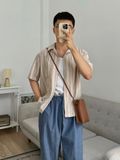 NOOBITA - Sơ mi tay ngắn kẻ sọc vải bố thô 8172