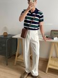 NOOBITA - Áo thun polo len dệt kim kẻ sọc 7994