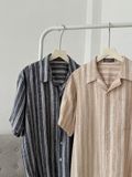 NOOBITA - Sơ mi tay ngắn kẻ sọc vải bố thô 8172