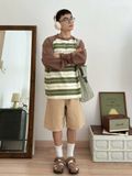 NOOBITA - Áo thun raglan oversized kẻ sọc 8215