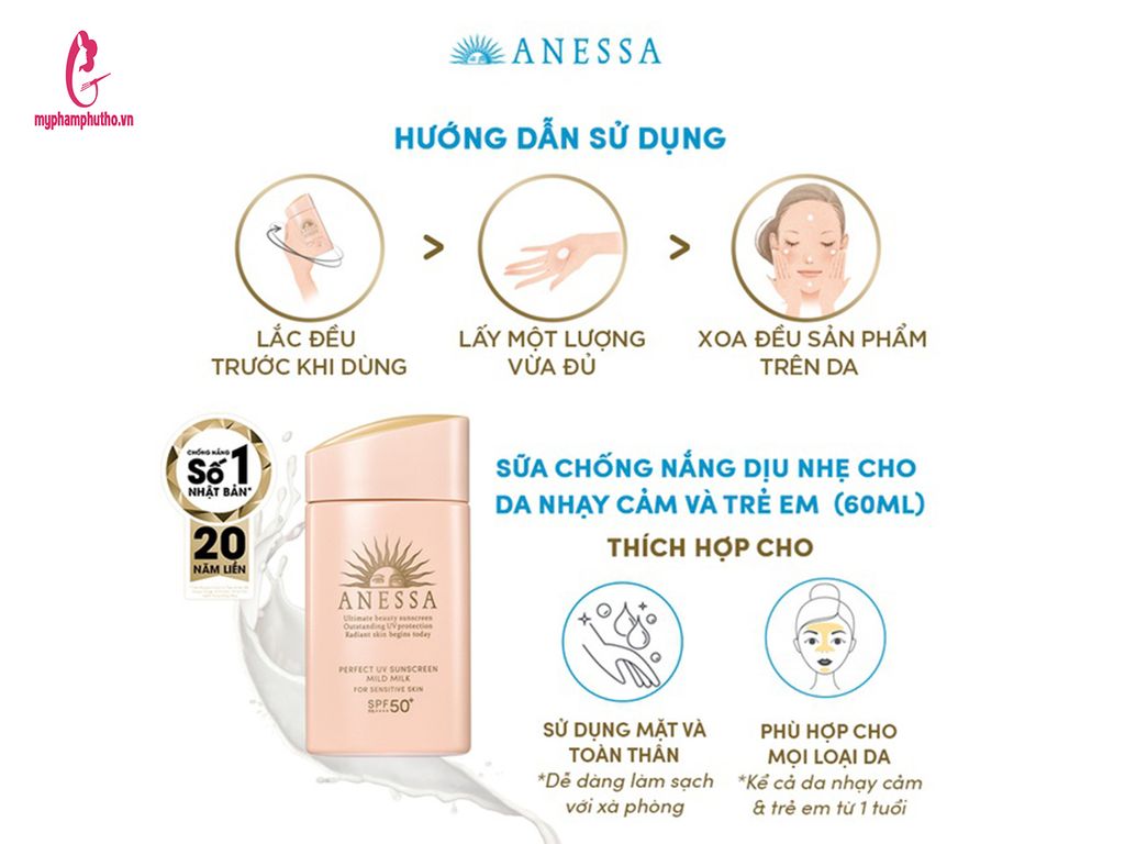 cách dùng Kem Chống Nắng Anessa Perfect UV Sunscreen Mild Milk ( Vàng Nhạt)