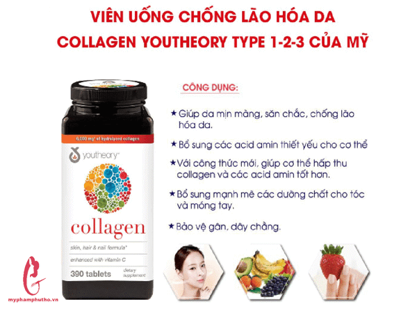 công dụng Viên Uống Collagen + biotin Youtheory Mỹ 390 viên