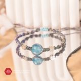  Vòng Dây Thắt Đá Aquamarine Mix Charm Cỏ 4 Lá - Vòng Thắt Dây Thủ Công Đá Phong Thủy 