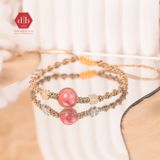  Vòng Dây Thắt Đá Đào Hoa & Charm Cỏ 4 Lá - Vòng Thắt Dây Thủ Công Đá Phong Thủy - Rhodochrosite Bracelet 