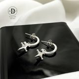  Hoa Tai Bạc 925- Hoa Tai Chữ C Viền Bi & Thánh Giá Rơi- Silver 925 Dottie Line Cuff Falling Royal Cross Earring - 066BTT 