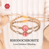  Vòng Dây Thắt Đá Đào Hoa & Charm Cỏ 4 Lá - Vòng Thắt Dây Thủ Công Đá Phong Thủy - Rhodochrosite Bracelet 