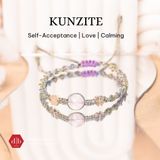  Vòng Dây Thắt Đá Kunzite Mix Charm Cỏ 4 Lá - Vòng Thắt Dây Thủ Công Đá Phong Thủy 