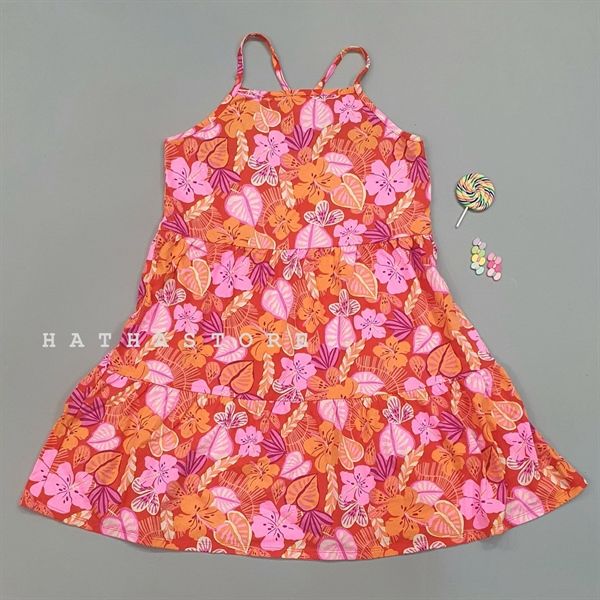 Đầm thun C&J đỏ hoa hồng cam bé gái