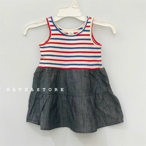 Đầm thun G4P 2 dây caro xanh jean bé gái