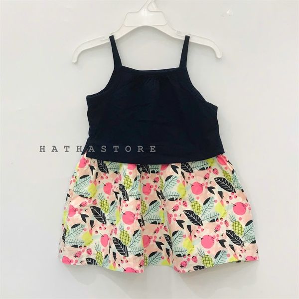 Đầm thun 2 dây xanh đen hồng táo dâu bé gái