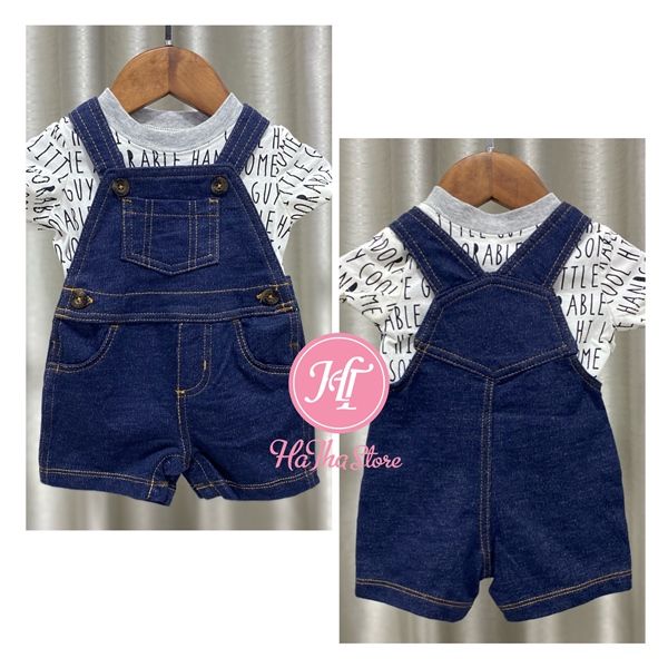  (SIZE 3M) Set yếm jean đùi và áo thun trắng chữ bé trai 