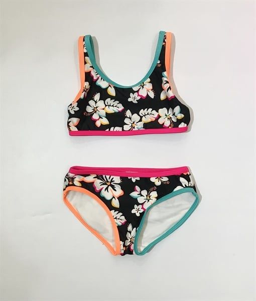 Bộ bơi 2 mảnh đen hoa viền cam xanh bé gái