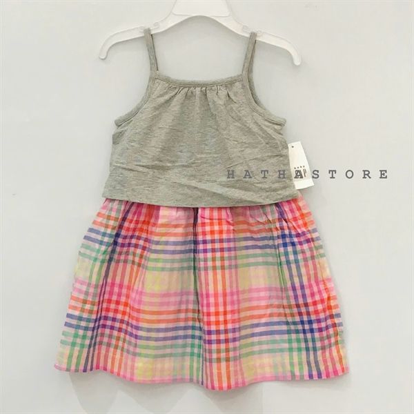 Đầm thun 2 dây xám caro bé gái