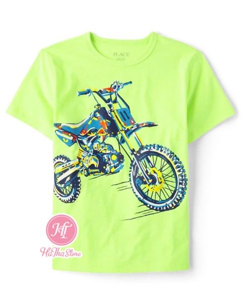 Áo thun PL4CE xanh dạ quang xe moto bé trai