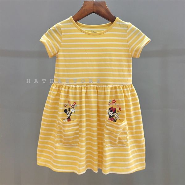 Đầm thun tay ngắn JB vàng sọc mickey bé gái
