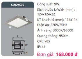 ĐÈN LED ÂM TRẦN DUHAL 9W - VUÔNG - SDGV509 (SDGV 509 / DGV509 / DGV 509)
