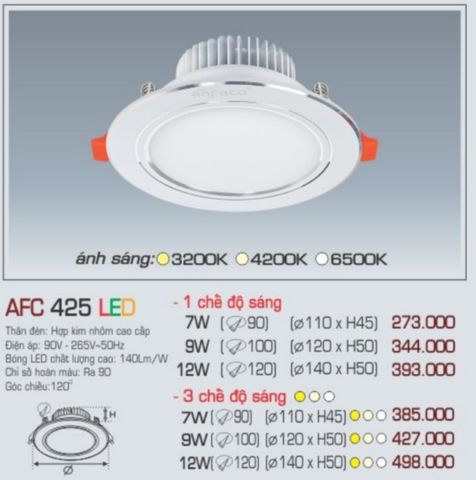  Đèn led âm trần anfaco afc 425 led 7w 9w 12w 