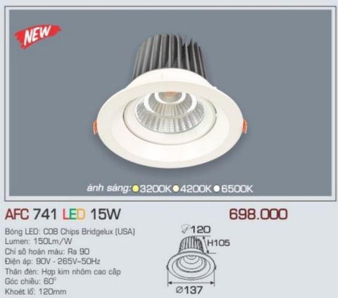  Đèn led âm trần anfaco afc 741 led 15w 