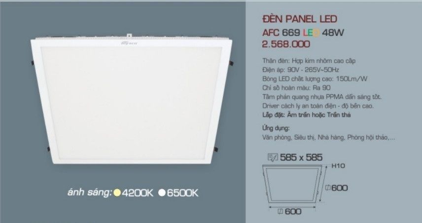 ĐÈN LED PANEL ÂM TRẦN 600x600, 60x60 ANFACO AFC 669 LED 48W