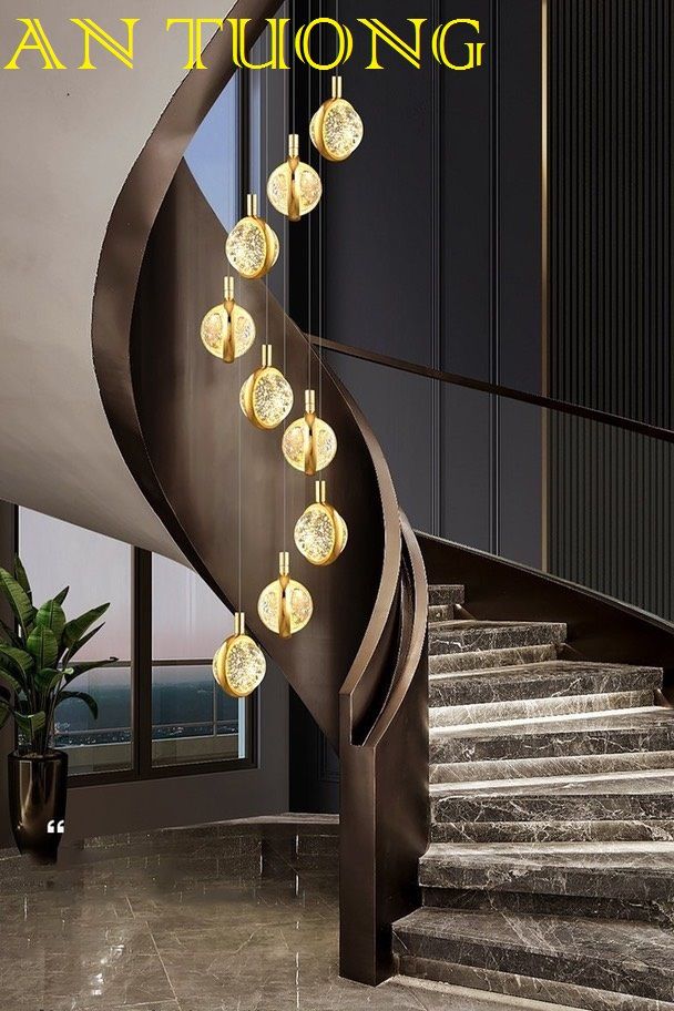đèn chùm thông tầng cầu thang, đèn chùm trang trí ô thông tầng phòng khách, thông tầng cầu thang đẹp, hiện đại 012