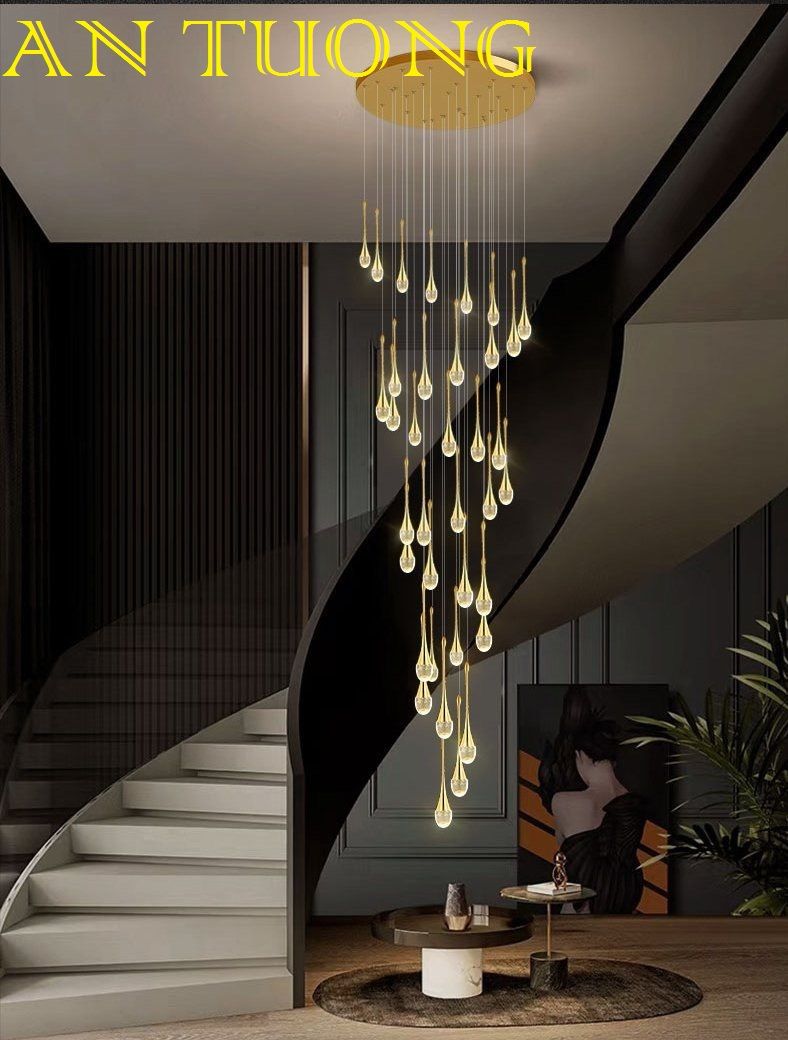 đèn chùm thông tầng cầu thang, đèn chùm trang trí ô thông tầng phòng khách, thông tầng cầu thang đẹp, hiện đại 034