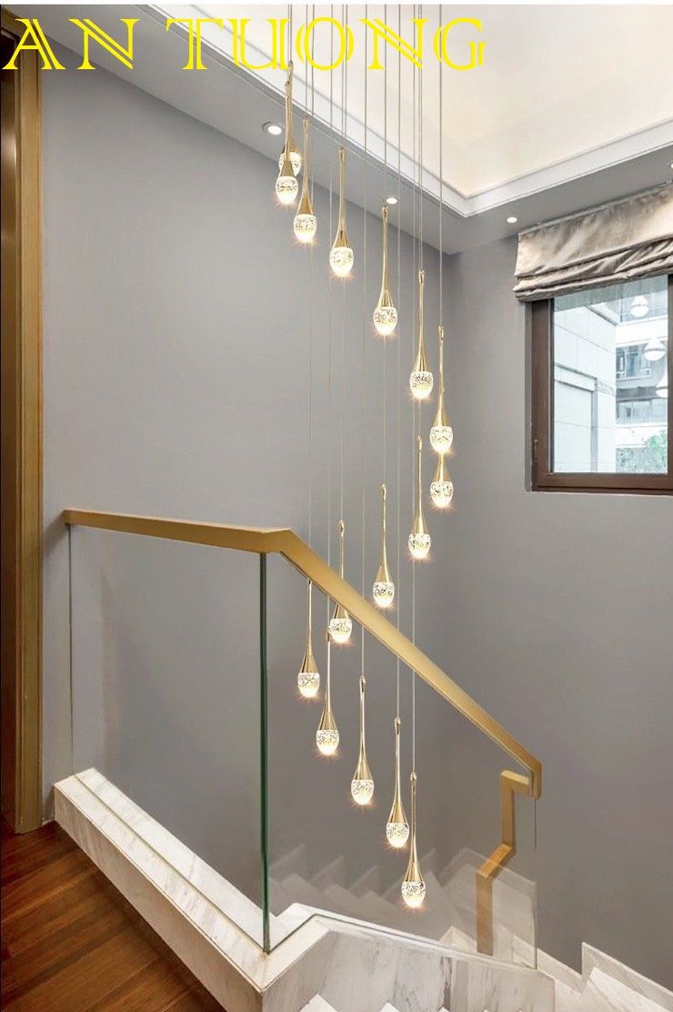 đèn chùm thông tầng cầu thang, đèn chùm trang trí ô thông tầng phòng khách, thông tầng cầu thang đẹp, hiện đại 039