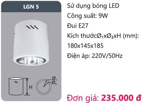 ĐÈN LON GẮN NỔI DUHAL 9W LGN 5 / LGN5