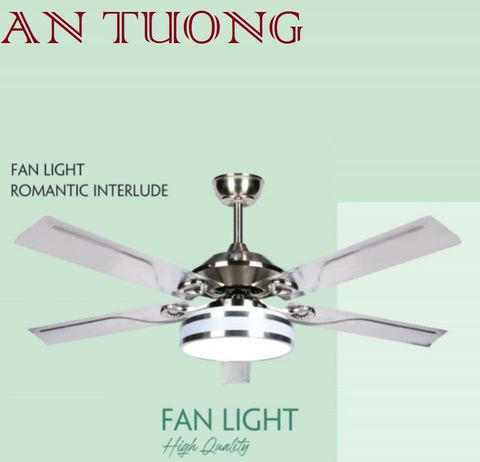  quạt trần cánh kim loại màu inox 5 cánh- ánh sáng đèn 3 chế độ, 3 màu 