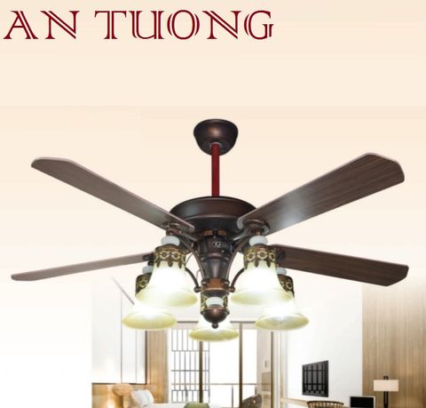  quạt trần đèn cánh gỗ 5 cánh phong cách cổ, cổ điển, cổ xưa 012 indochine 