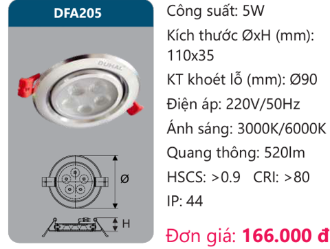  ĐÈN LED ÂM TRẦN CHIẾU ĐIỂM 5W DUHAL - DFA205 (DFA 205, DF A205, D FA205) 