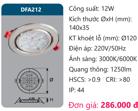  ĐÈN LED ÂM TRẦN CHIẾU ĐIỂM 12W DUHAL - DFA212 (DFA 212, DF A212, D FA212) 