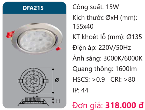 ĐÈN LED ÂM TRẦN CHIẾU ĐIỂM 15W DUHAL - DFA215 (DFA 215, DF A215, D FA215)