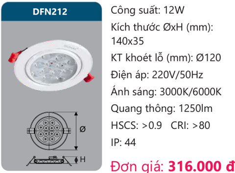 ĐÈN LED ÂM TRẦN CHIẾU ĐIỂM 12W DUHAL - DFN212 (DFN 212, DF N212, D FN212)