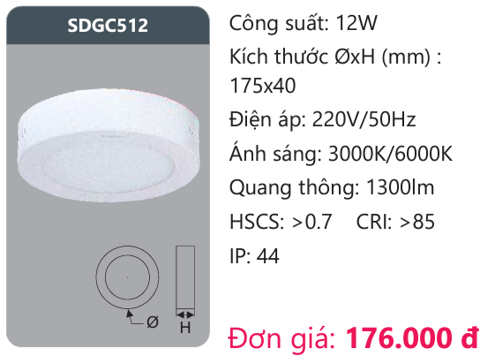 ĐÈN LED ỐP TRẦN DUHAL 12W - SDGC512 / SDGC 512 