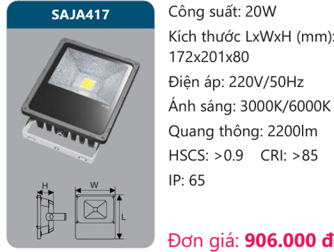  ĐÈN LED PHA DUHAL - CÔNG SUẤT 20W 