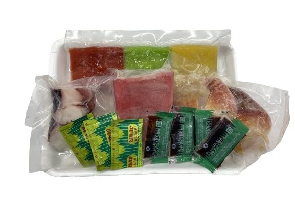 Box sashimi (Cá trích, cá ngừ, bạch tuộc, sò đỏ, xì dầu gói, mù tạt gói)