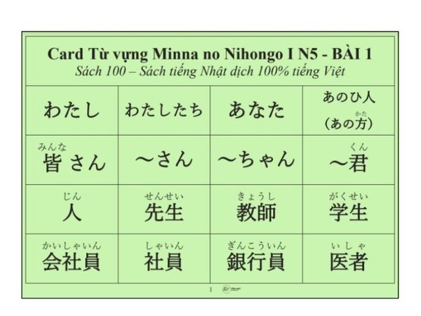 CARD MINNA NO NIHONGO N5 - QUYỂN 1 (Dịch tiếng Việt)