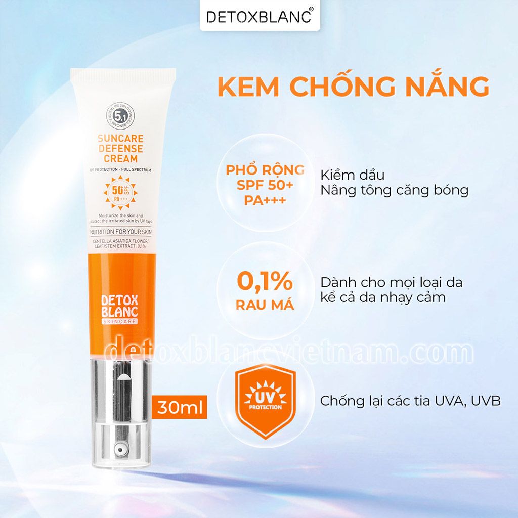 Kem Chống Nắng Phổ Rộng Nâng Tông Da Mặt SPF 50+ Detox BlanC 30ml