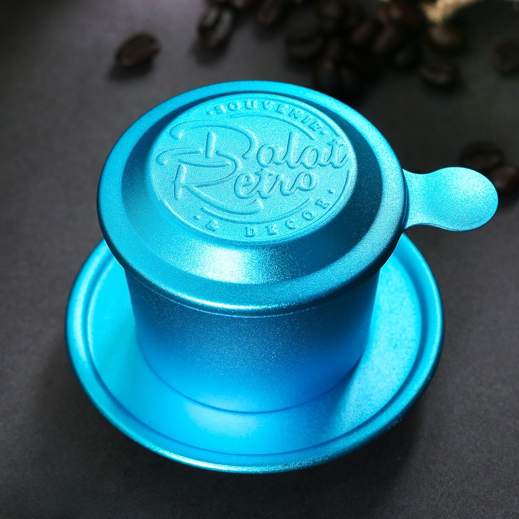 Phin cà phê nhôm anode mẫu bắn cát màu retro blue, hộp, Dalat Retro