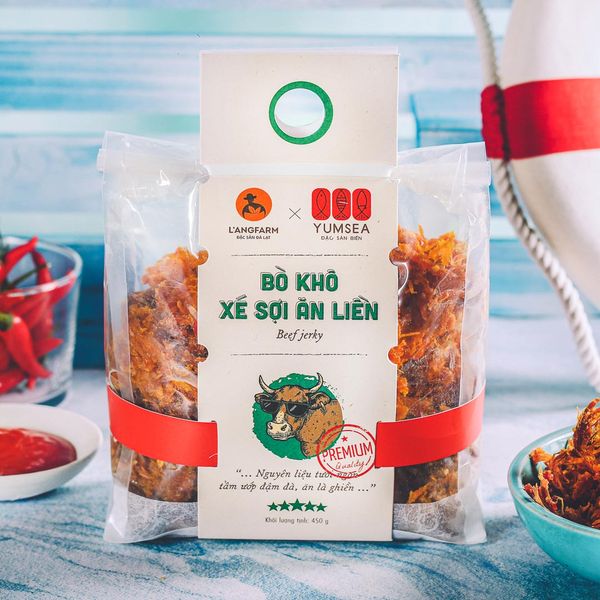 Bò khô xé sợi ăn liền, 450g, bịch, mẫu mawashi L'angfarm, Yumsea