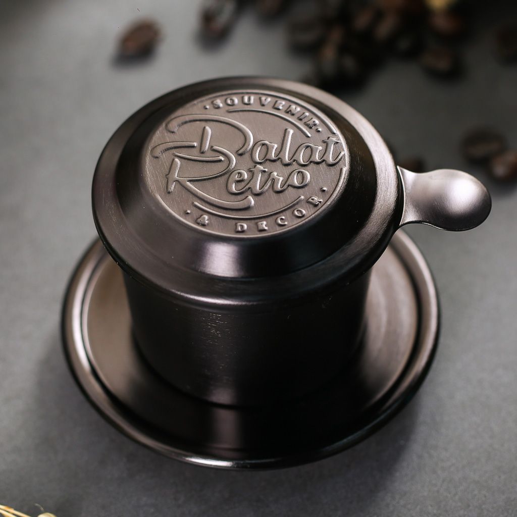 Phin cà phê nhôm anode, mẫu cào xước màu metallic black, hộp, Dalat Retro