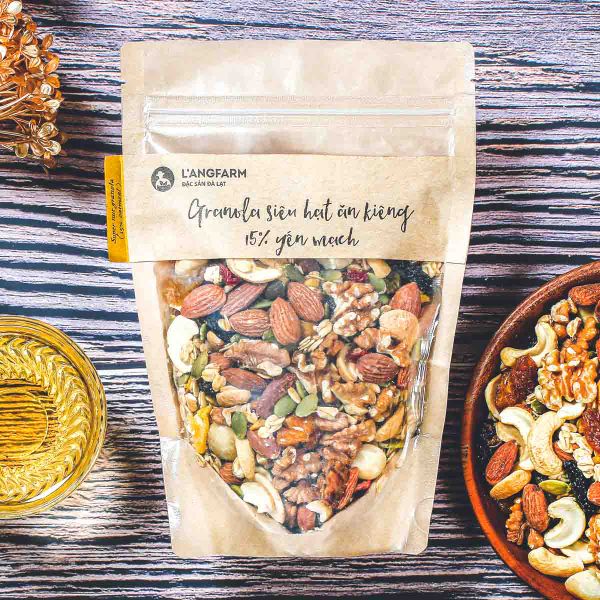 Granola siêu hạt ăn kiêng 15% yến mạch, 300g, bịch, mẫu kraft 1 mặt trong