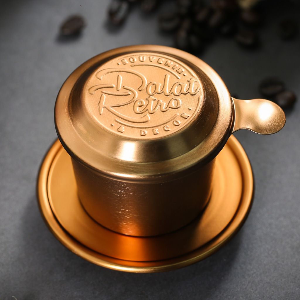 Phin cà phê nhôm anode, mẫu cào xước màu bronze gold, hộp, Dalat Retro